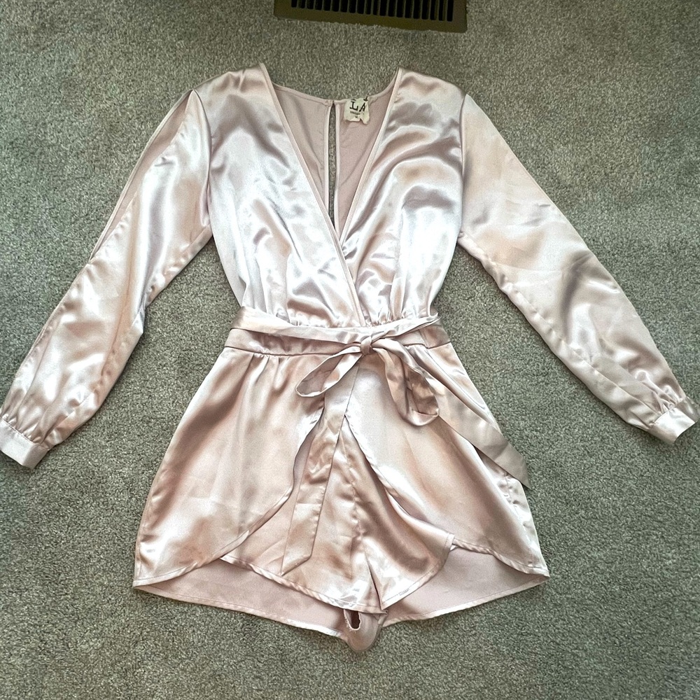 Satin pink long sleeve romper